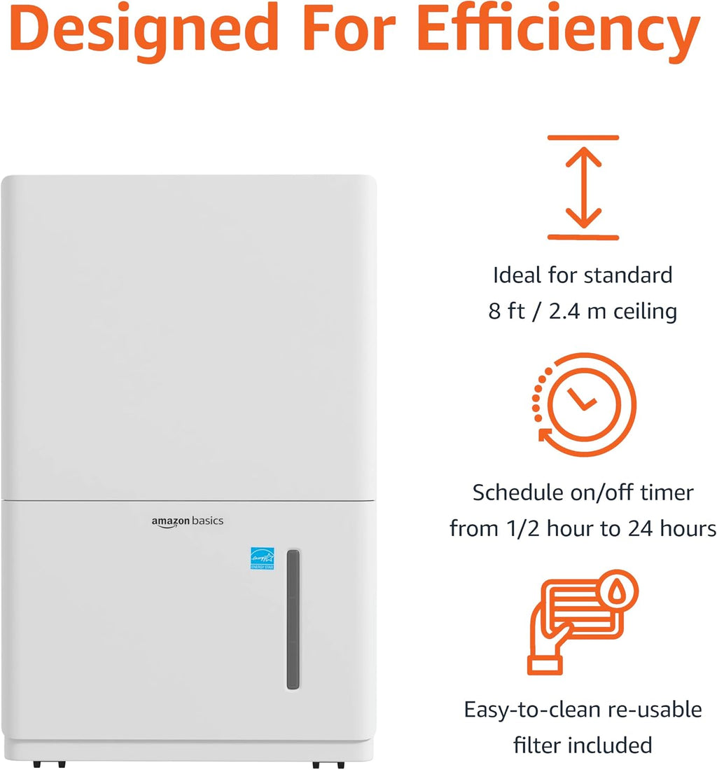 Amazon Basics Deshumidificador grande de 50 pintas con bomba, certificado New Energy Star, control de humedad, descongelación automática, temporizador, protección contra desbordamiento para