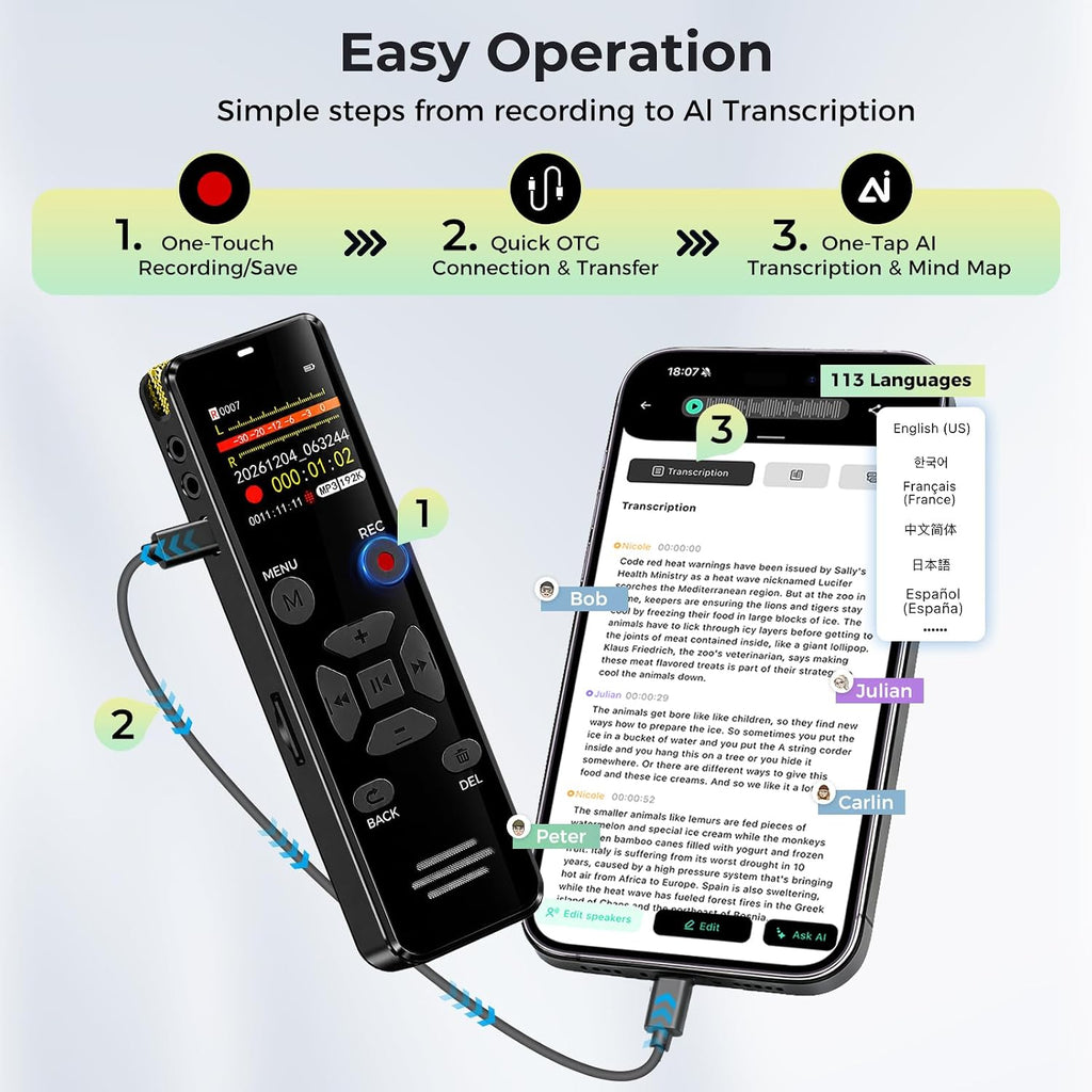EVISTR Grabadora de voz digital 128GB AI Transcribir y resumir tomador de