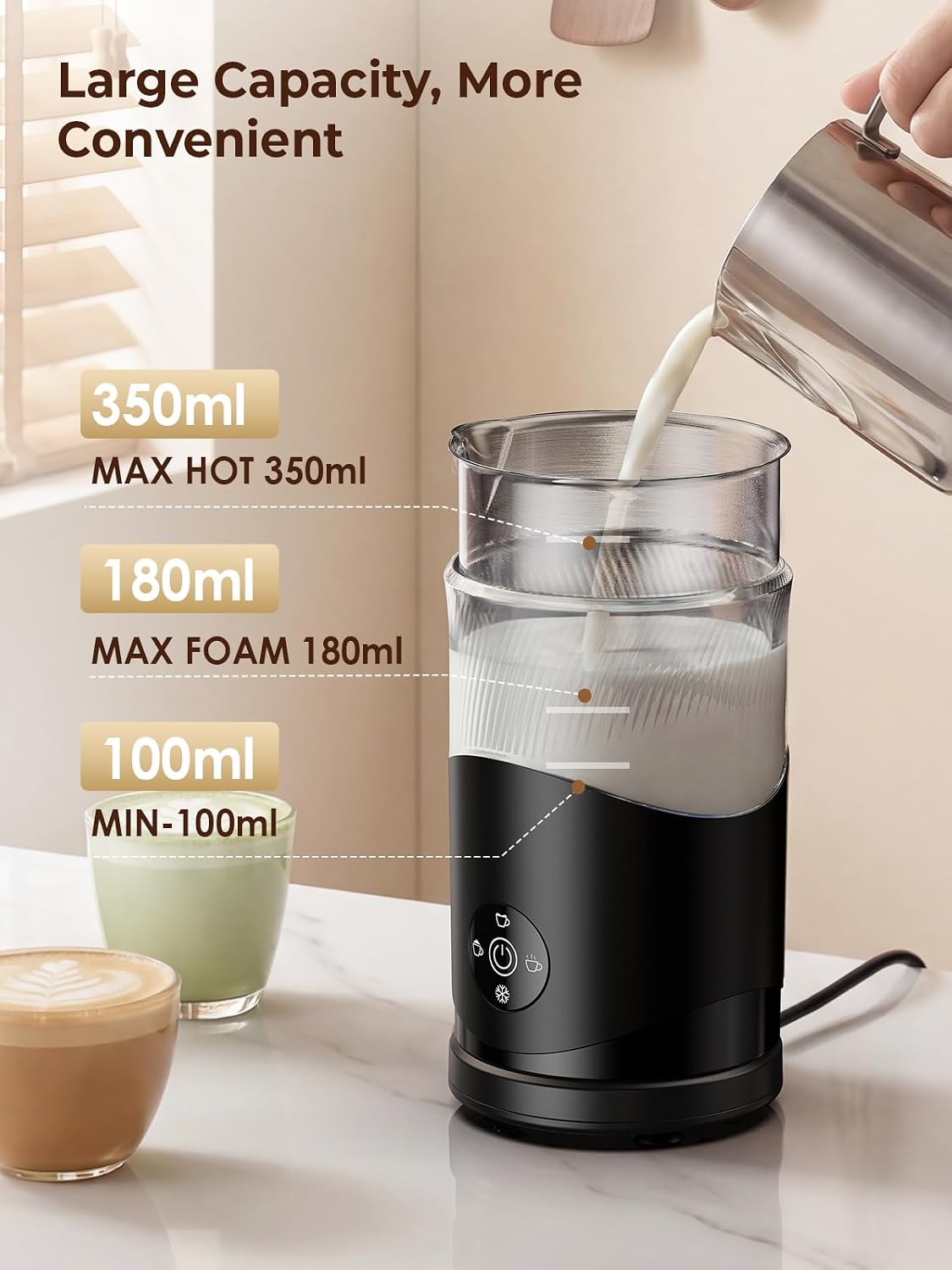 Vaporizador de leche eléctrico 4 en 1: Espumador de leche de gran capacidad 11.8 fl oz, espuma rápida de 7700 RPM en 120 segundos, calentador de espuma fría y caliente, acero inoxidable