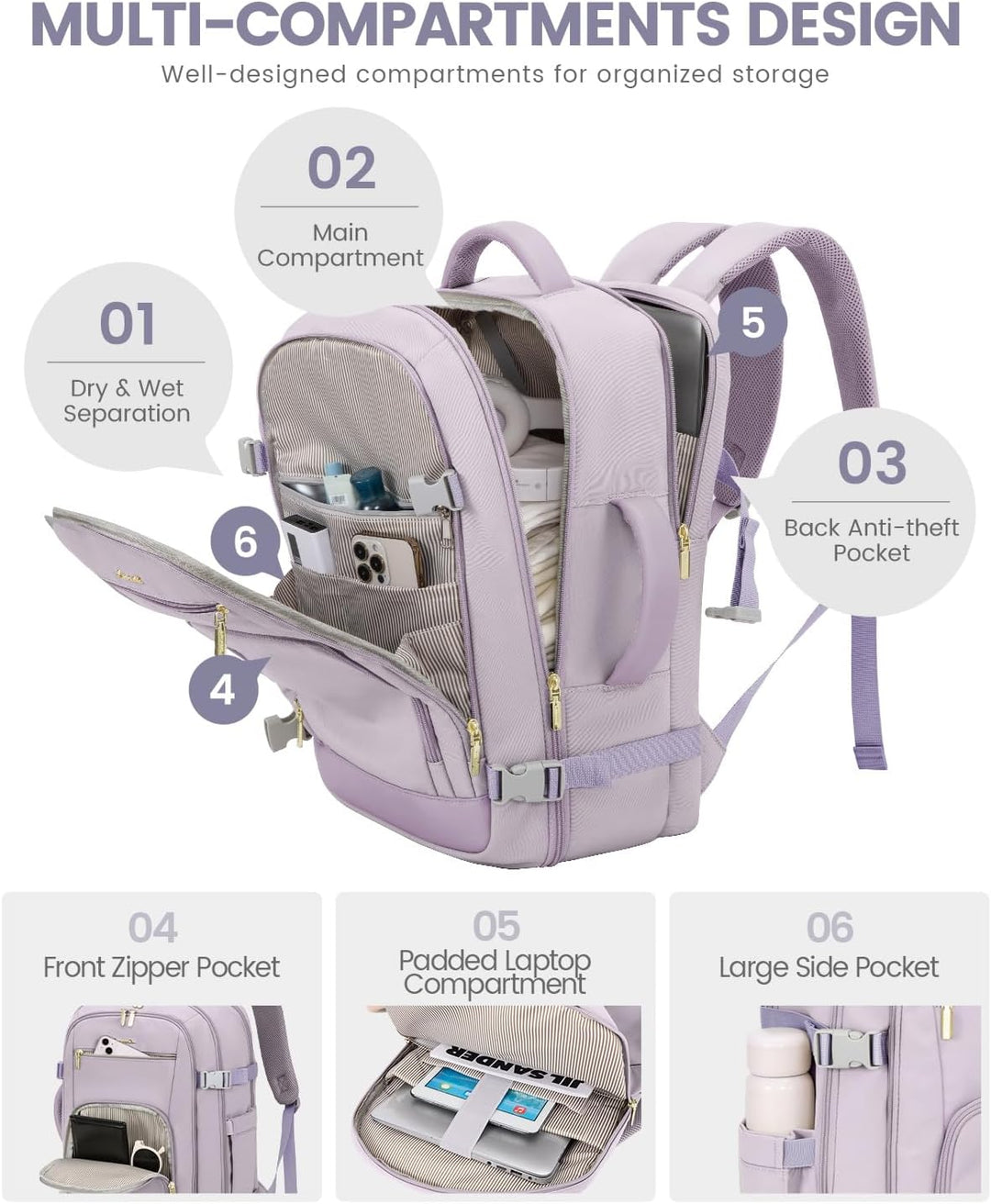 LOVEVOOK Mochila de viaje para mujer y hombre, Púrpura claro, Mochi...