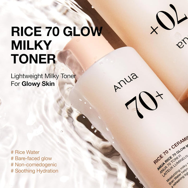 ANUA Rice 70 Glow Milky Toner, para piel de vidrio, agua de arroz,...