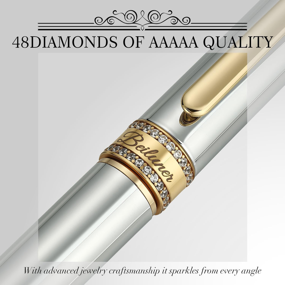 BEILUNER - Bolígrafo de rodillo de cromo plateado, diseño de tapa con diamantes, borde de oro de 24K, noble y elegante, recarga de tinta Schneider, el mejor set de regalo de bolígrafo para mujeres y
