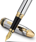 BEILUNER Pluma estilográfica cromada plateada 315, impresionantes plumas de lujo con acentos de oro de 24 quilates, hermosa plumilla dorada de 24 quilates (mediana), convertidor de tinta, regalo de