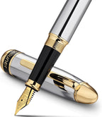 BEILUNER Pluma estilográfica cromada plateada 315, impresionantes plumas de lujo con acentos de oro de 24 quilates, hermosa plumilla dorada de 24 quilates (mediana), convertidor de tinta, regalo de