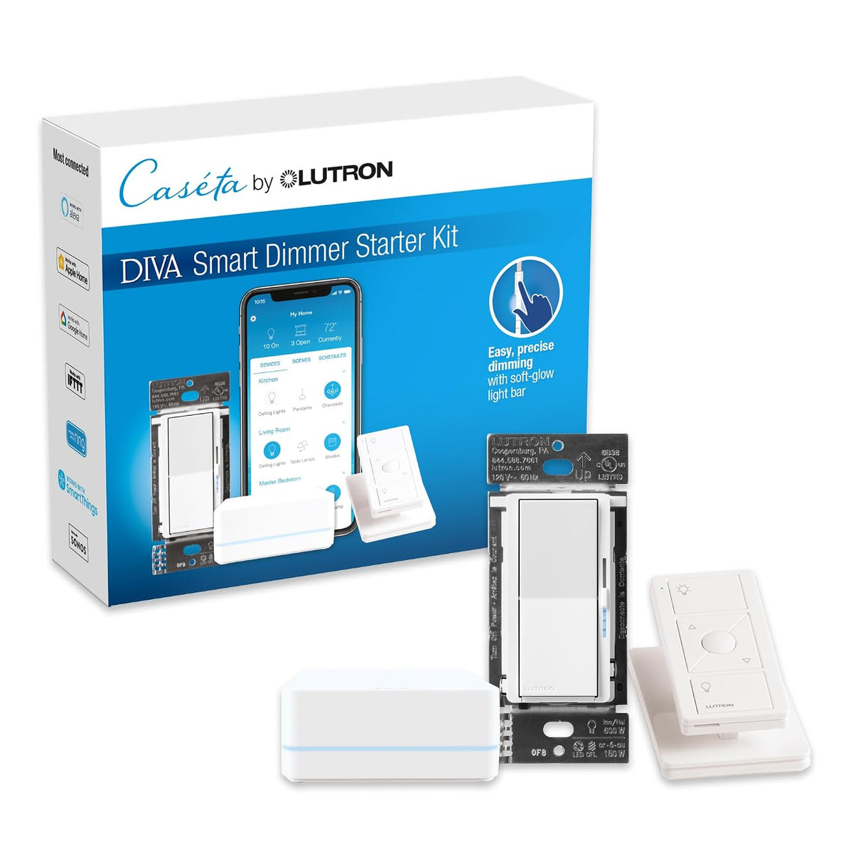 Lutron Caseta Diva Smart Dimmer Starter Kit; Dimmer, Hub, Remote, & más