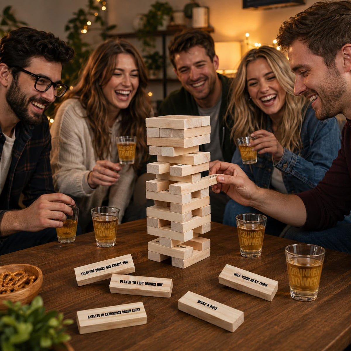 ArtCreativity Juegos de beber en torre para adultos, con 4 vasos y 60 bloques de madera con desafíos, divertidos juegos de fiesta para adultos para la noche de juegos, gran idea de regalo para todos
