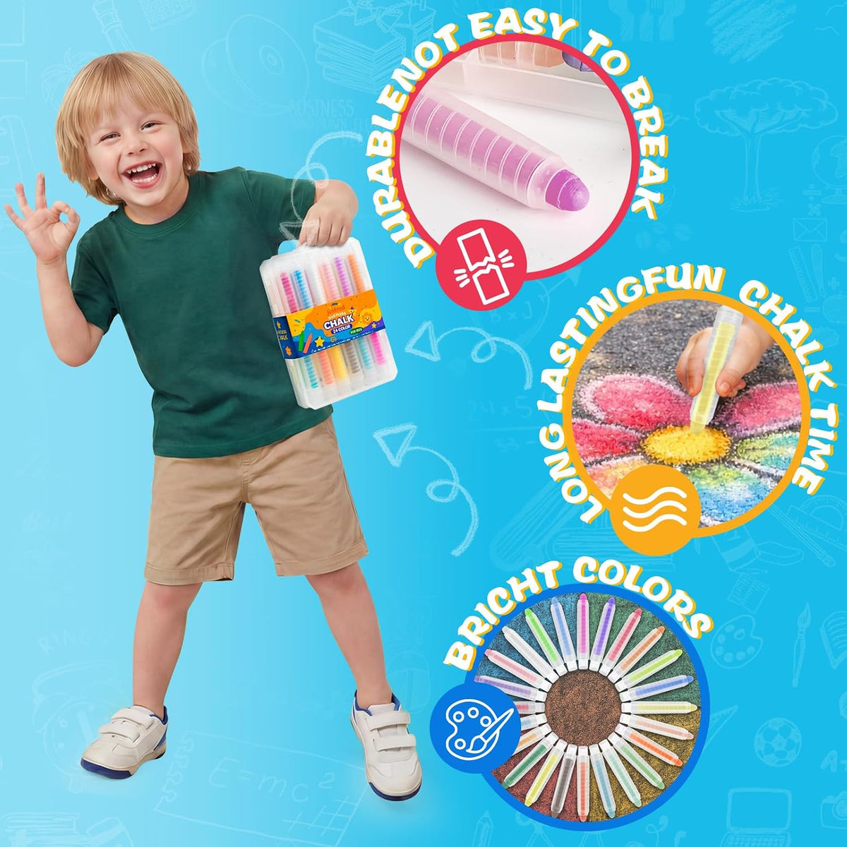Tiza sin polvo para niños con soporte, set de tizas para acera lavables de 24 colores
