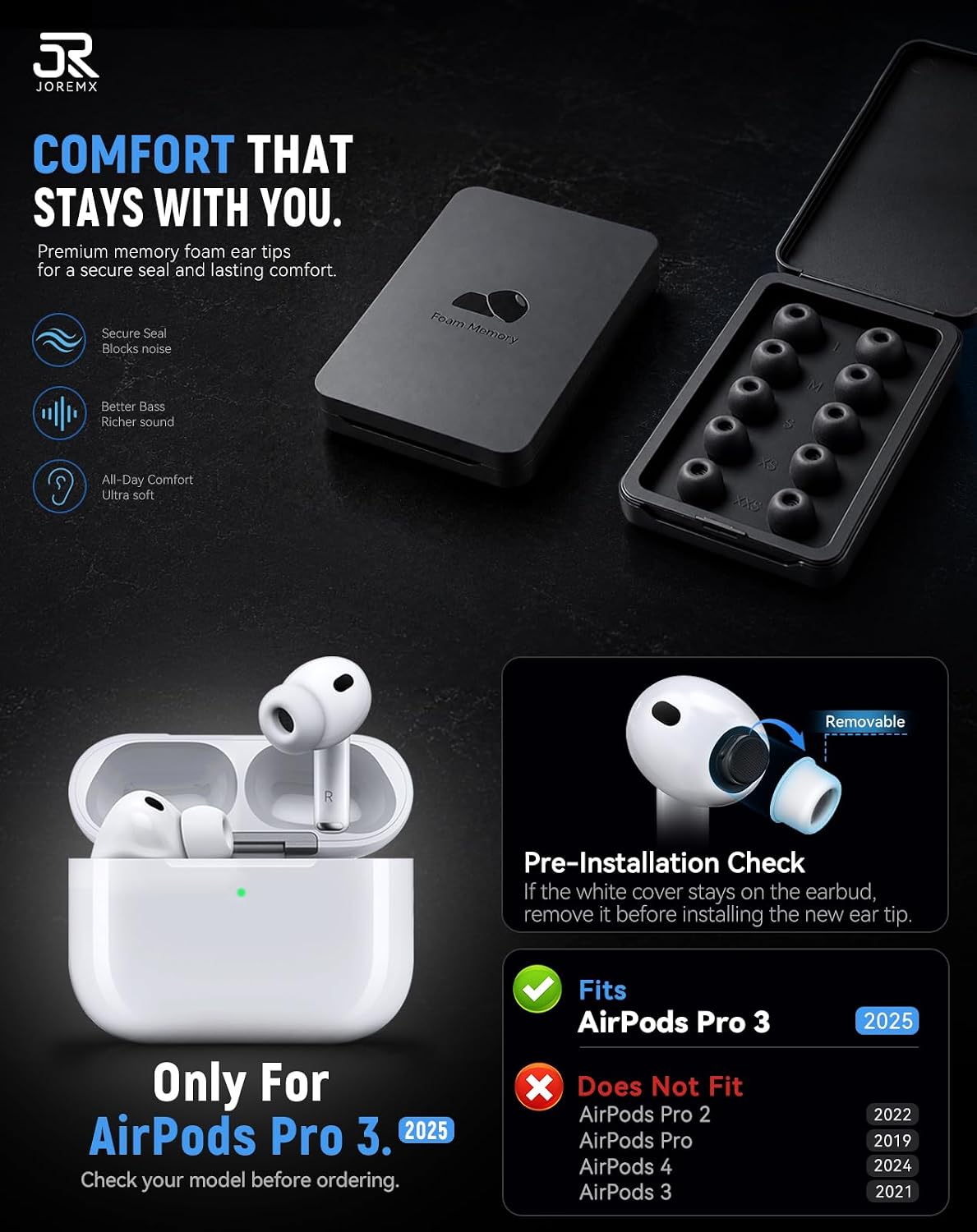 Puntas de espuma viscoelástica de reemplazo para AirPods Pro 3 (5 tamaños) - Negro
