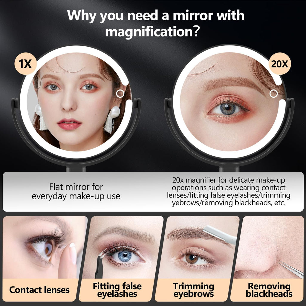 MIYADIVA Espejo de maquillaje con luces, espejo de aumento 20X con luz e interruptor táctil, espejo de tocador con 3 luces de color y 80 LED, espejos ampliados iluminados de 2 lados de 8.8 pulgadas, color negro