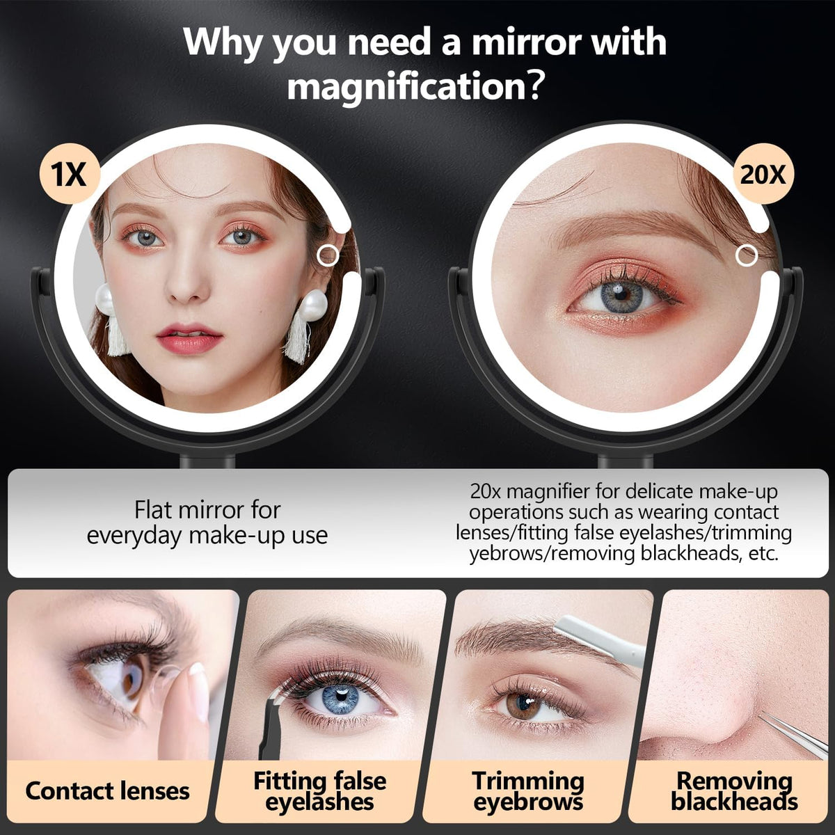MIYADIVA Espejo de maquillaje con luces, espejo de aumento 20X con luz e interruptor táctil, espejo de tocador con 3 luces de color y 80 LED, espejos ampliados iluminados de 2 lados de 8.8 pulgadas, color negro