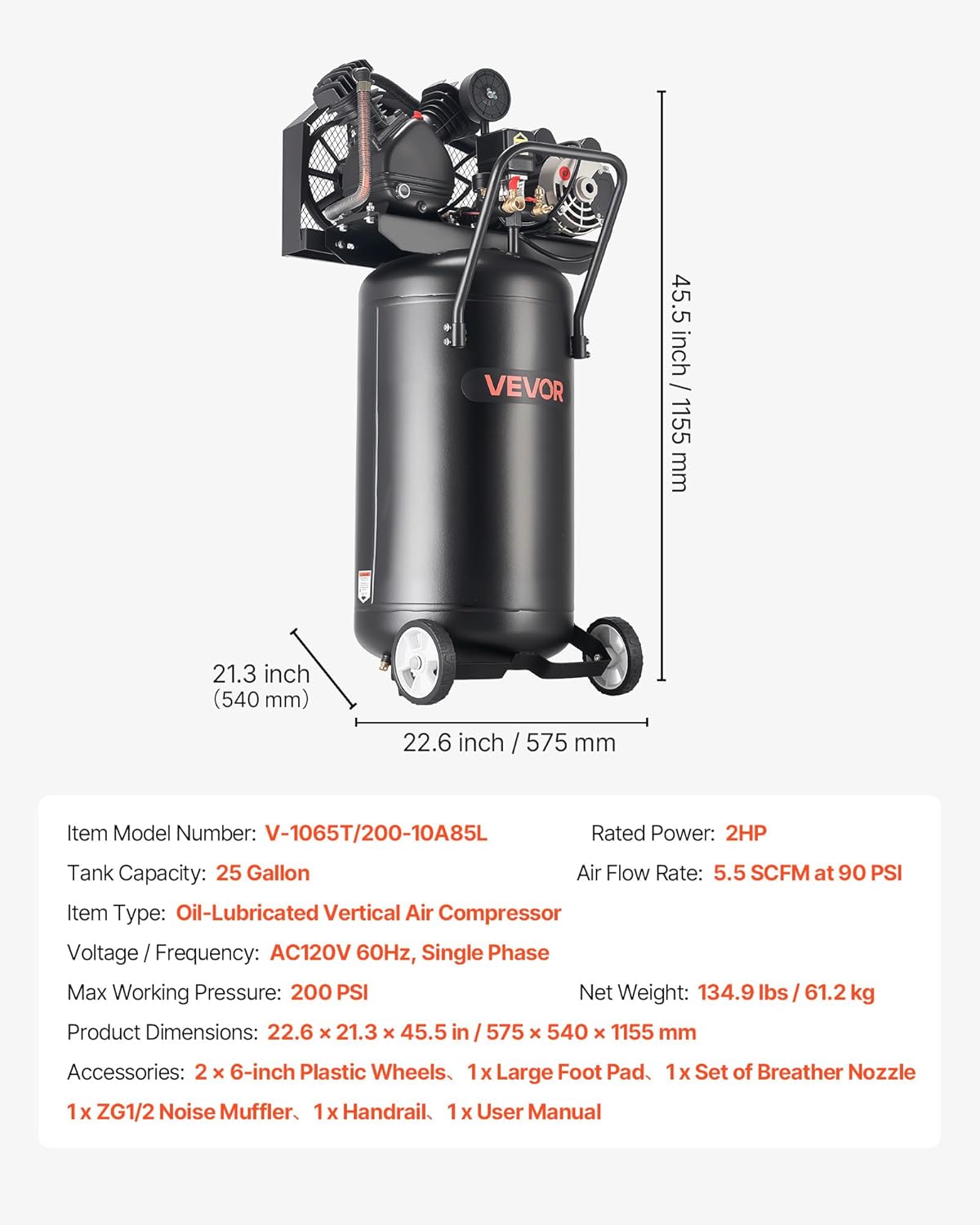 VEVOR Compresor de aire de 25 galones, 2HP 5.5 SCFM a 90PSI, tanque...