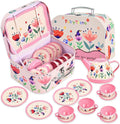 Juego de fiesta de té floral para niñas pequeñas de 3 a 6 años, juego de 15 piezas de juguetes de cocina de simulación con tetera, tazas, platos y estuche de almacenamiento, juego de