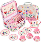 Juego de fiesta de té floral para niñas pequeñas de 3 a 6 años, juego de 15 piezas de juguetes de cocina de simulación con tetera, tazas, platos y estuche de almacenamiento, juego de