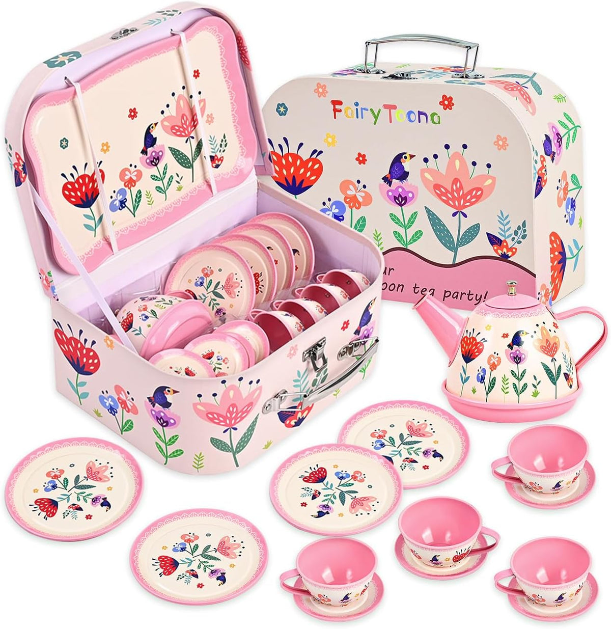 Juego de fiesta de té floral para niñas pequeñas de 3 a 6 años, juego de 15 piezas de juguetes de cocina de simulación con tetera, tazas, platos y estuche de almacenamiento, juego de