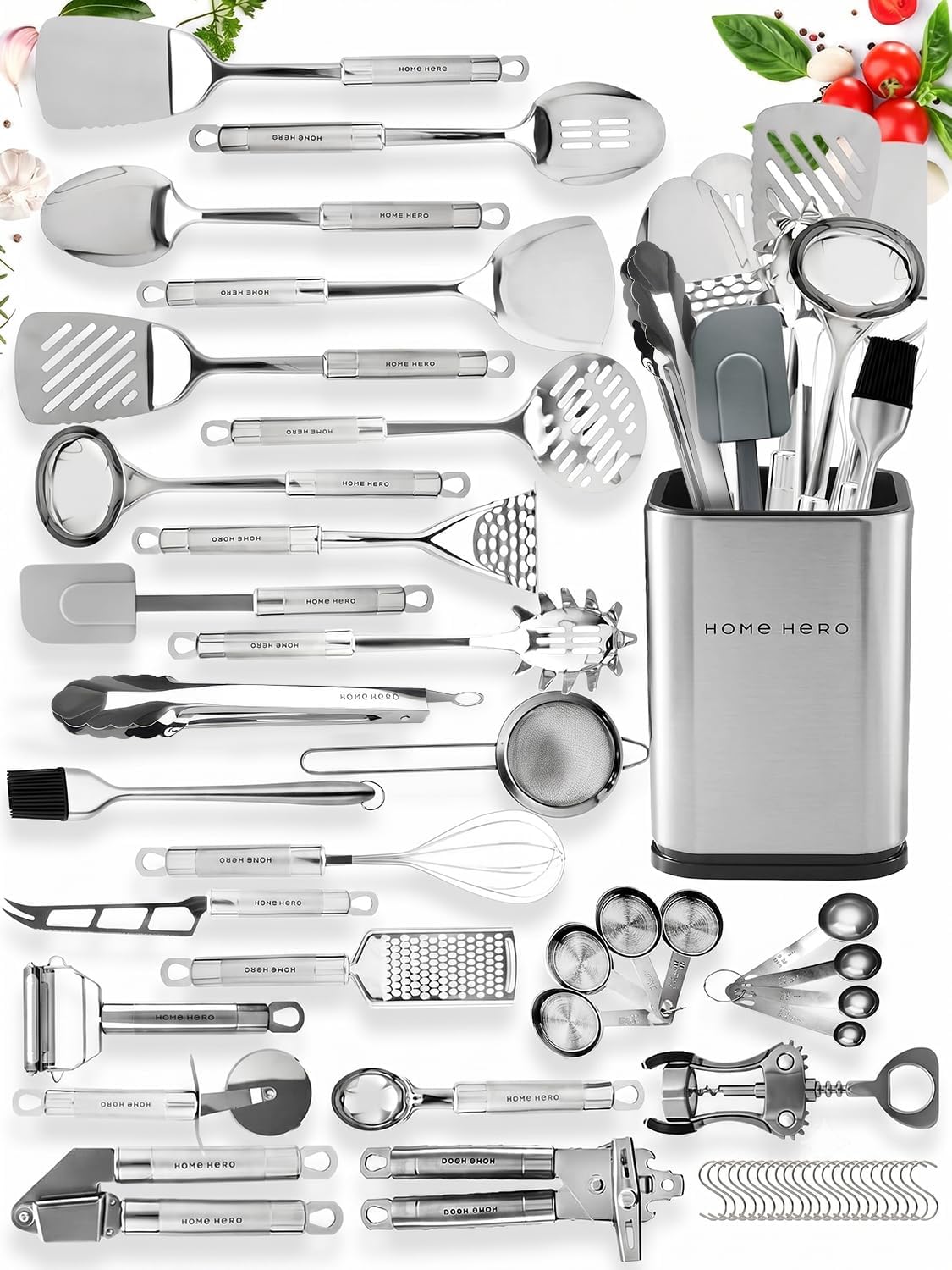 Home Hero Juego de utensilios de cocina de acero inoxidable de 54 piezas, utensilios de cocina antiadherentes resistentes al calor de silicona y acero inoxidable, herramientas completas con cuchara