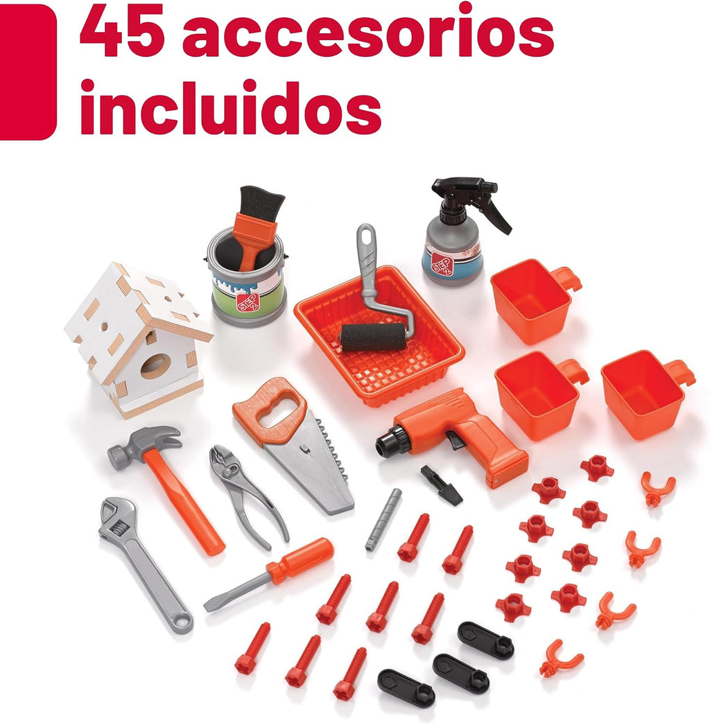 Step2 Big Builders Pro Workshop para niños, banco de herramientas para interiores y exteriores, juego interactivo con sonidos, incluye kit de accesorios de juguete de 45 piezas, hecho de plástico duradero, para niños pequeños de 3 años en adelante