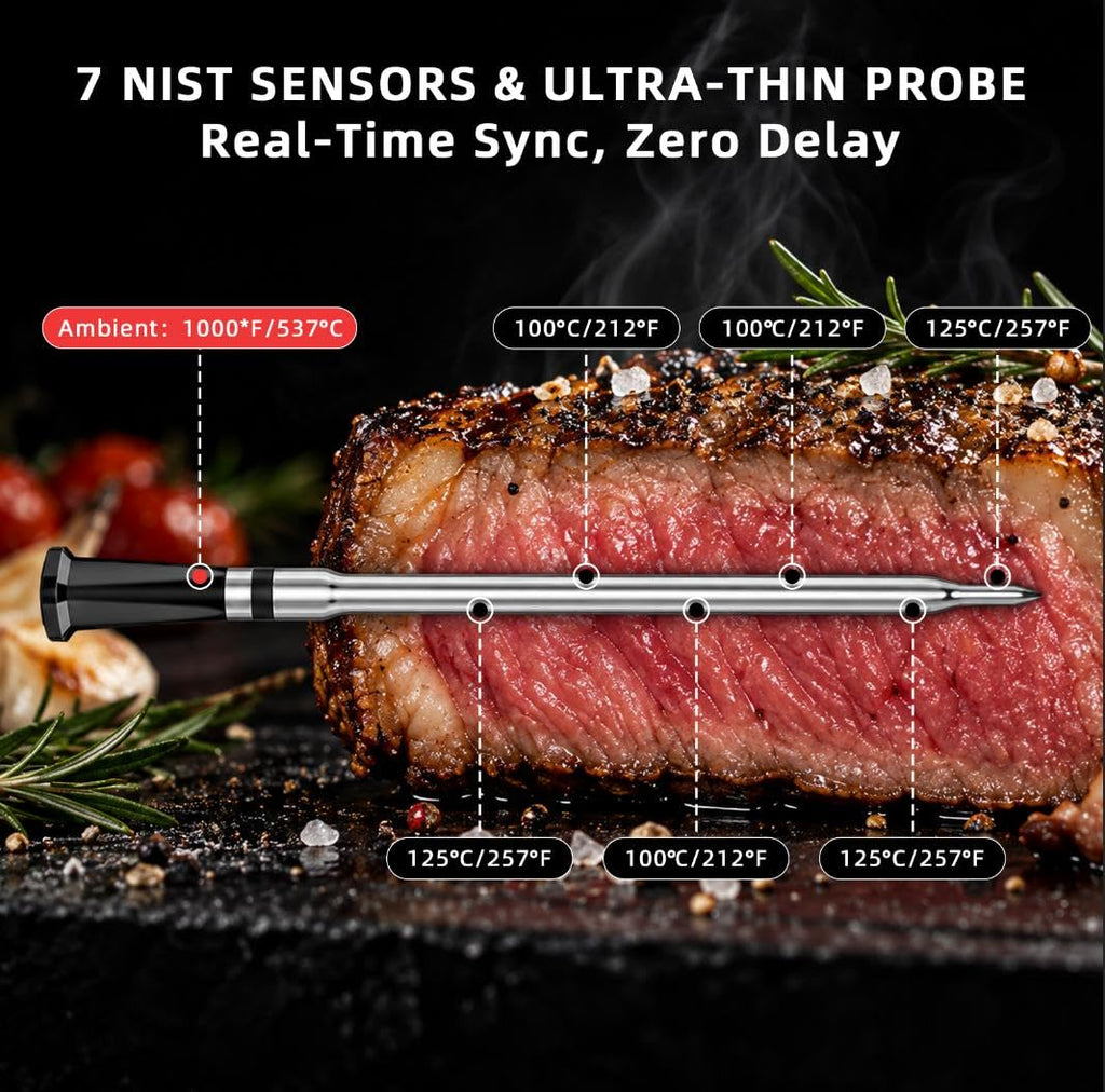 Termómetro inteligente de carne de doble sonda, termómetro inalámbrico para parrilla con pantalla de refuerzo independiente y conexión WiFi, 7 sensores, ambiente de 1000F