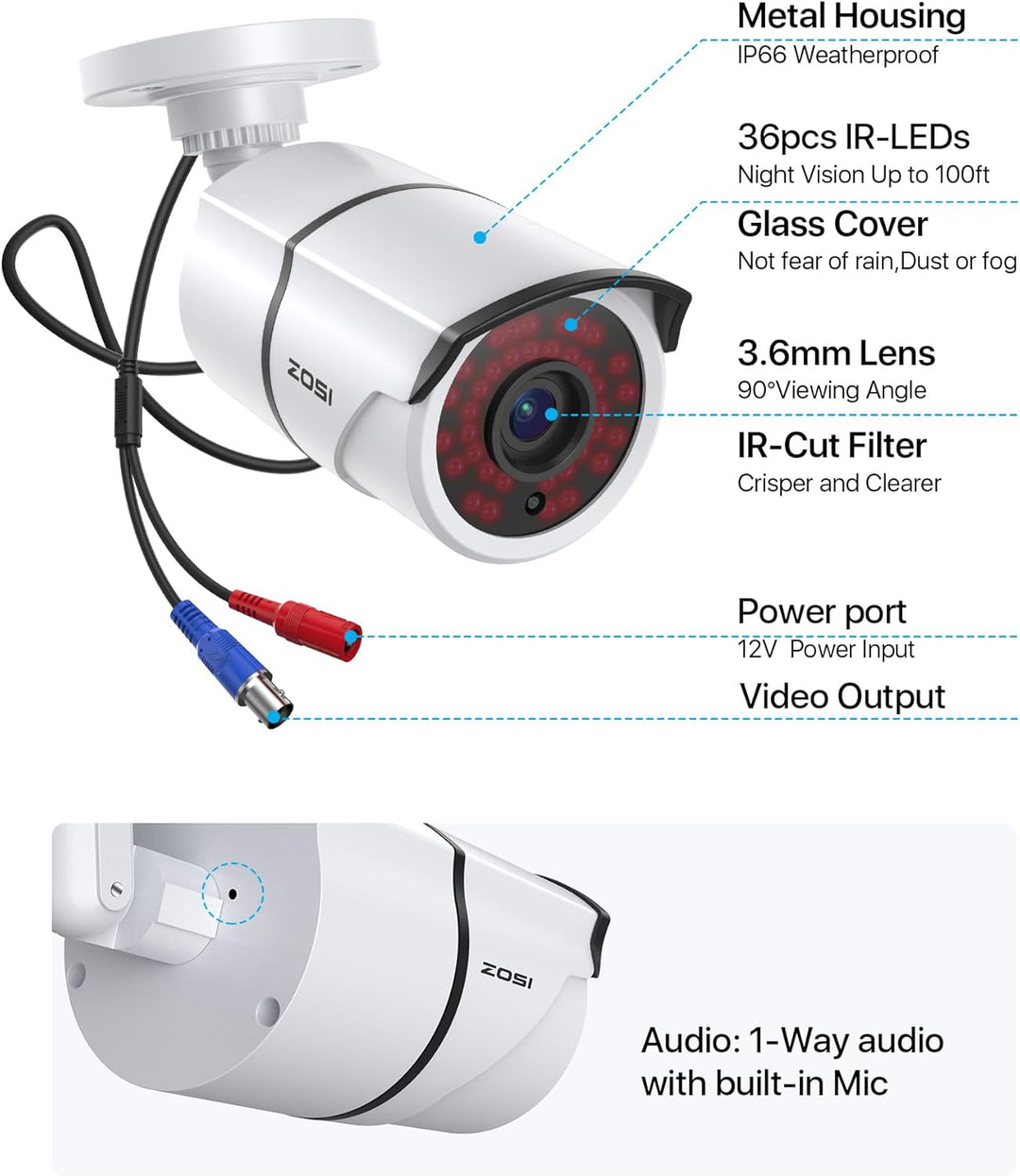 ZOSI 2MP 1080P HD-TVI Cámara de seguridad CCTV para el hogar con au...