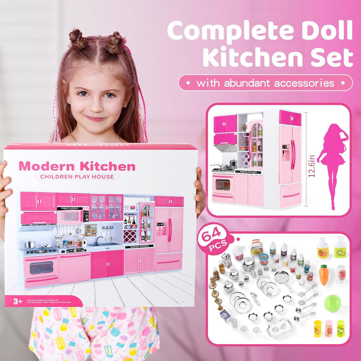 SOCBTNSO 64 piezas de juguete de cocina rosa con luces sonidos para niños