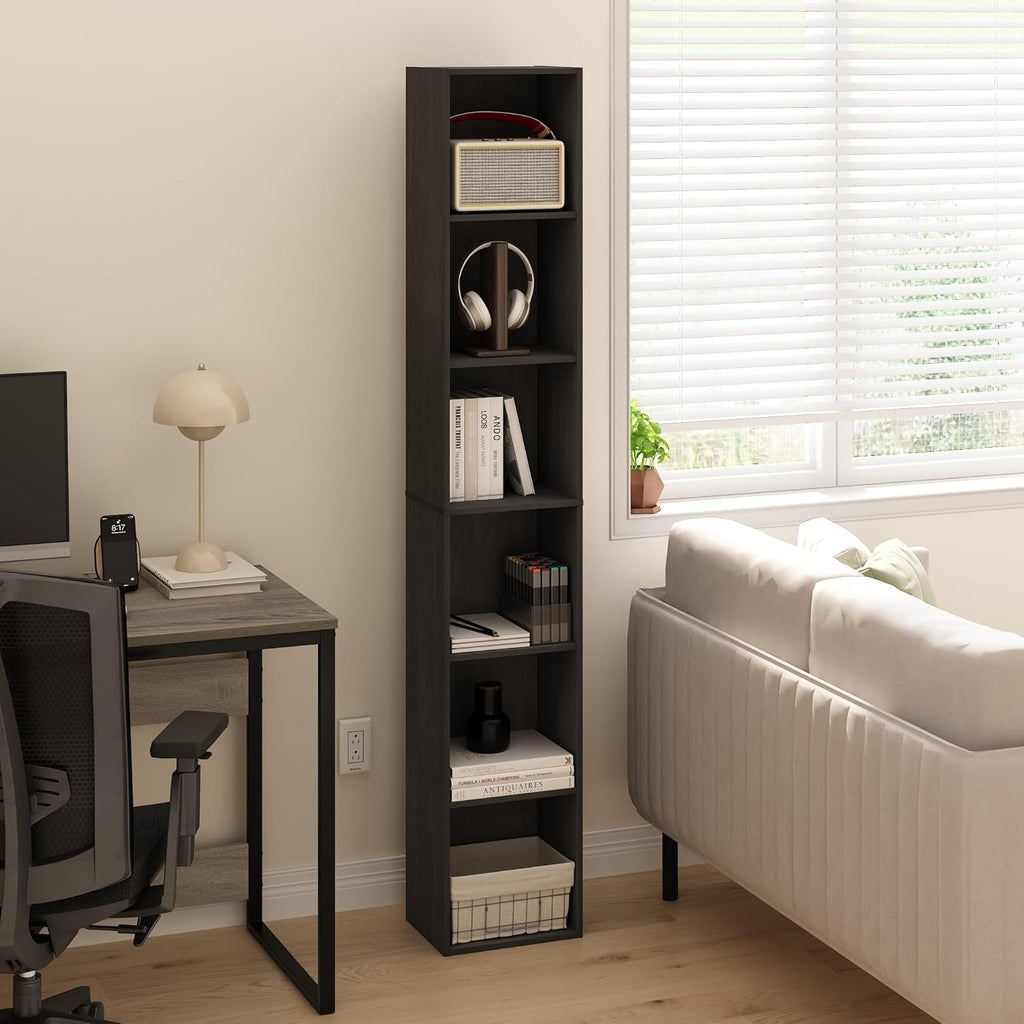 Estantería Furinno LUDER, Librero alto moderno de 6 niveles, Biblioteca con estantes abiertos, 9.3 x 12 x 71, para sala, dormitorio, oficina en casa, Blackwood