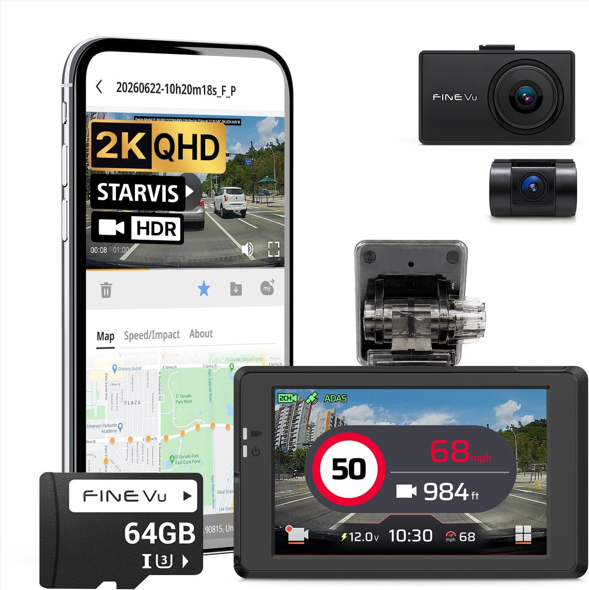 FineVu GX9000 2K QHD Dash Cam Delantera y Trasera, Tarjeta de 64GB gratis