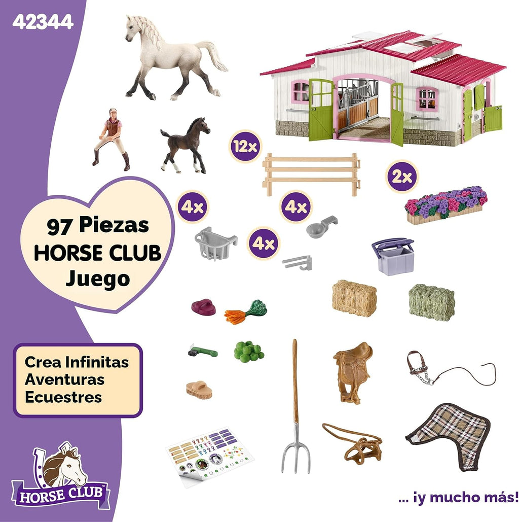 Schleich Horse Club - Juego de juguetes de caballo de centro de equitación de 97 piezas con jinete, 2 caballos, granja y accesorios de figuras de granja para niñas y niños - Figuras de juego