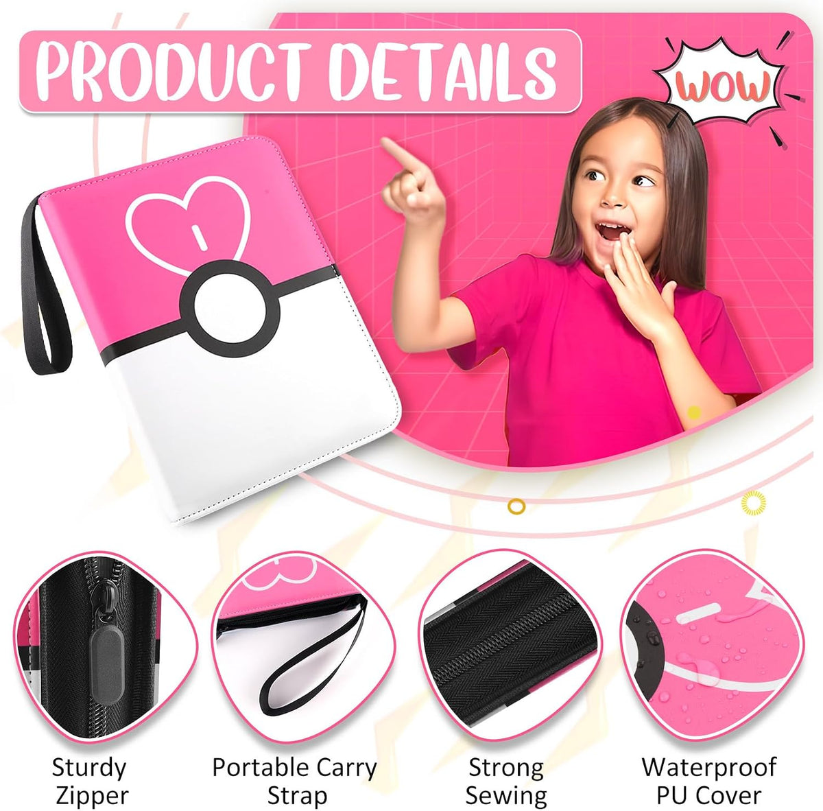 Carpeta de tarjetas de 4 bolsillos, soporte para tarjetas intercambiables para 400 tarjetas con 50 fundas extraíbles, tarjeta de colección portátil, estuche de tarjetas de juego con cremallera para regalo, color rosa
