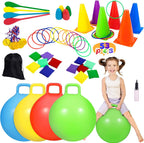 Juego de 53 juegos de carnaval al aire libre para niños, pelotas de tolva, lanzamiento de anillo, bolsas de frijoles, carrera de relevo de cuchara de huevo, patio trasero, patio, campo, fiesta, cumpleaños, reunión familiar