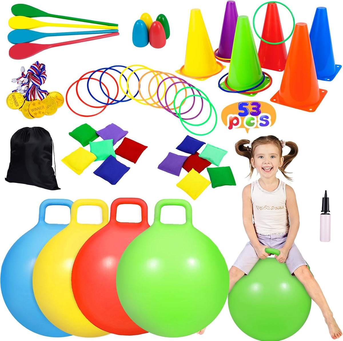 Juego de 53 juegos de carnaval al aire libre para niños, pelotas de tolva, lanzamiento de anillo, bolsas de frijoles, carrera de relevo de cuchara de huevo, patio trasero, patio, campo, fiesta, cumpleaños, reunión familiar