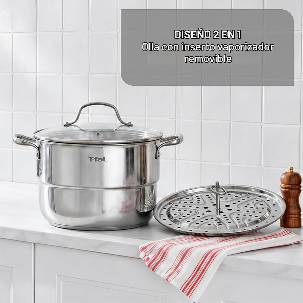 T-Fal Specialty - Olla de acero inoxidable de 7.2 cuartos de galón con tapa, compatible con inducción, apta para lavavajillas, apta para horno hasta 500 °F, olla para estofado, color plateado