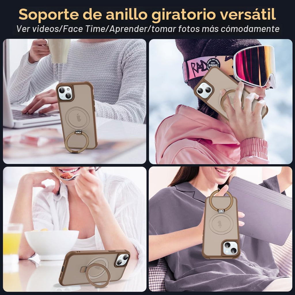 SKYLMW Compatible con iPhone 15 Funda con Soporte Magnético Invisible de Anillo O Funda Translúcida de Grado Militar para iPhone 15 6.1" [Compatible con Mag-Safe][Gran Sensación de Agarre], Marrón