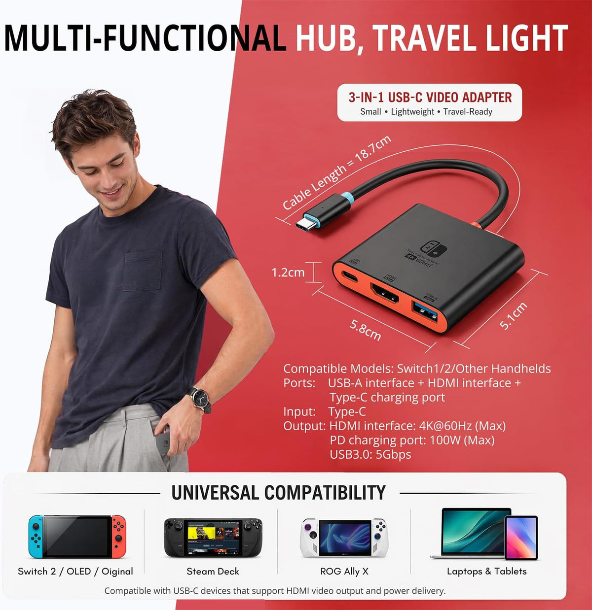 Switch 2 Dock para TV, carcasa de aleación de aluminio HDMI 2.0 4K @60Hz HDR estación de acoplamiento para Nintendo Switch 2/OLED/Steam Deck/ROG Ally, adaptador USB C a HDMI con 100 W PD 3.0