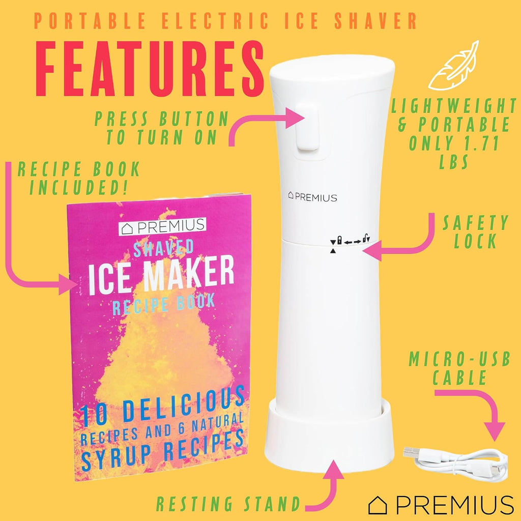 Máquina de hielo afeitado inalámbrica – Ligero, recargable, libro de recetas de bonificación, soporte de descanso – Hielo afeitado caribeño. Cable USB incluido – Hasta 40 conos de nieve por carga. No se necesitan moldes (blanco)