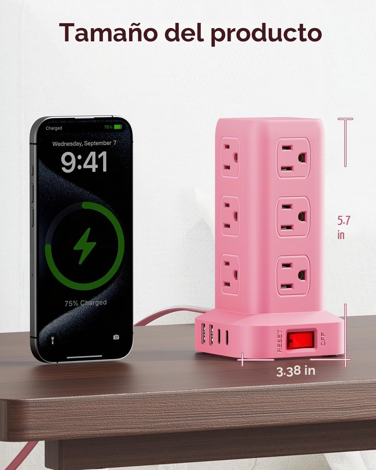 Regleta de alimentación rosa con 12 tomas, 4 USB (1 USB C), cable de extensión de 6.5 pies con múltiples tomas, estación de carga, torre de regleta de alimentación, suministros de escritorio de