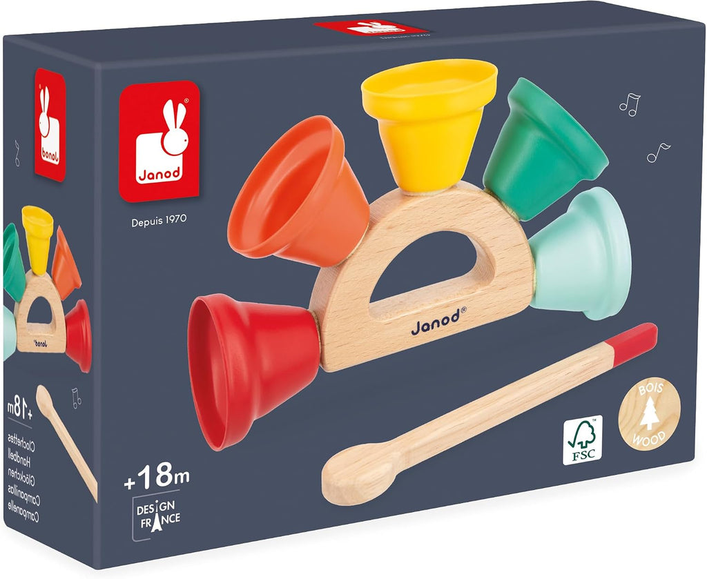 Janod Gioia - Juego de campanas de madera y metal, campanas musicales de 5 notas en soporte de madera con mazo, desarrollo temprano de ritmo y sonido para niños pequeños (18 meses a 3 años) - J07638