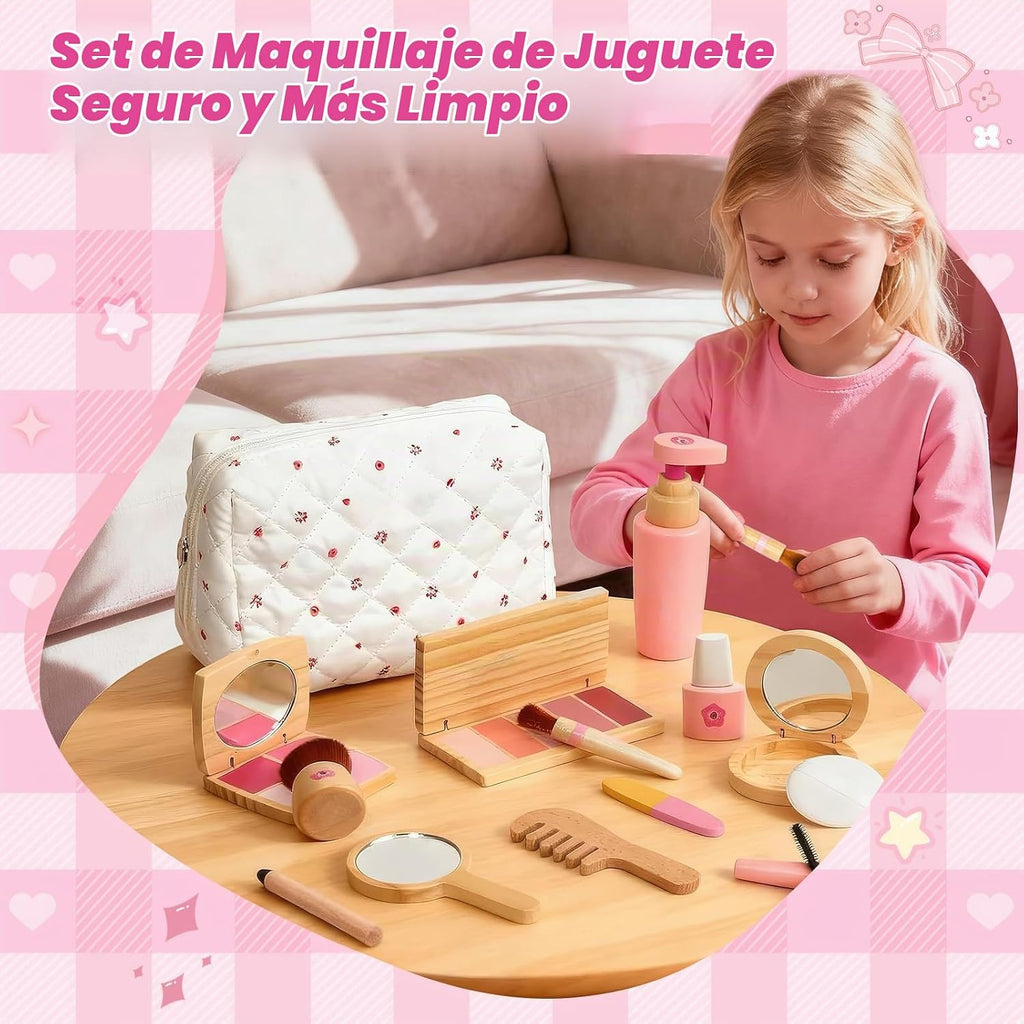 Juego de juguetes de maquillaje de madera para niños pequeños [2026] Kit de maquillaje para niñas de 3 a 5 años con lápiz labial de madera, espejo, pinceles, juego de cosméticos, regalo de cumpleaños para niñas de 3, 4, 5, 6 años