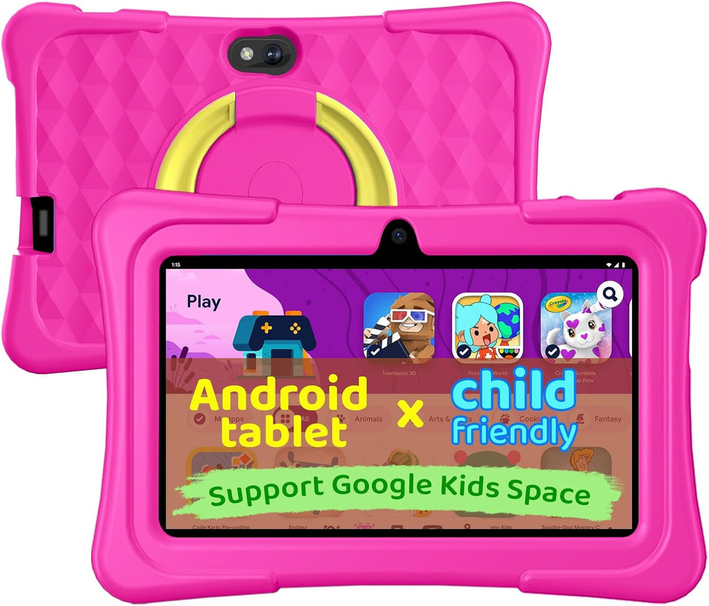 Tablet para niños, tableta Android de 7 pulgadas para niños, 6 GB+32 GB 1 TB expandir, tabletas de cuatro núcleos con funda, BT, WiFi, control parental, juegos, dual (rosa)