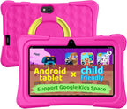 Tablet para niños, tableta Android de 7 pulgadas para niños, 6 GB+32 GB 1 TB expandir, tabletas de cuatro núcleos con funda, BT, WiFi, control parental, juegos, dual (rosa)