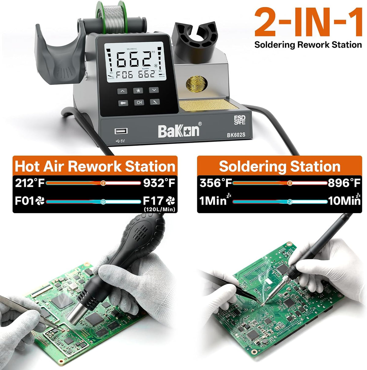 BK602S - Estación de retrabajo de aire caliente 2 en 1, kit de soldador digital para trabajos de circuito electrónico de bricolaje, estación de soldadura de calentamiento rápido, suspensión automática, conversión de ºC/ºF