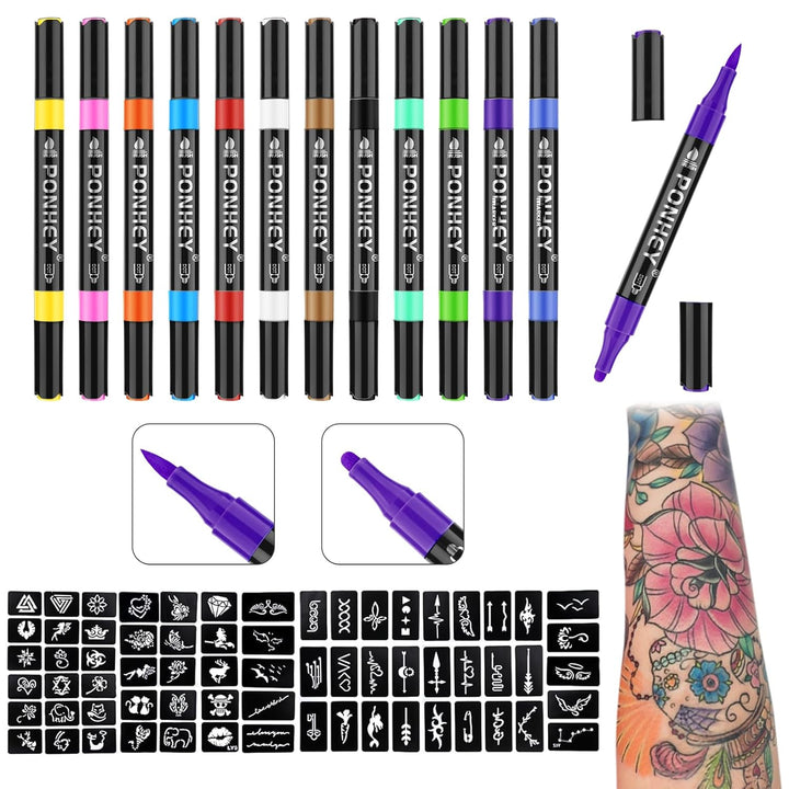 Ponhey Marcadores temporales de tatuaje para piel, 12 marcadores co...