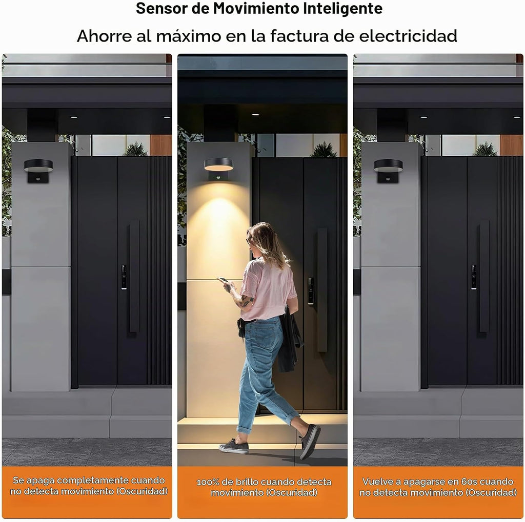 Lámpara Luces de pared para exteriores con sensor de movimiento, aplique de pared giratorio de 360°, 3000 K/4000 K/6000 K, luces LED cableadas para porche, accesorios de iluminación exterior