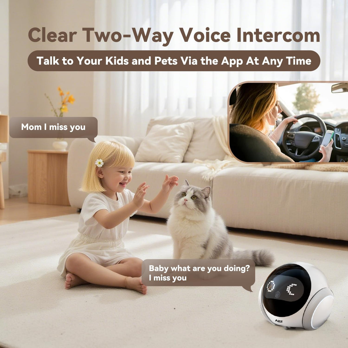 AEZ Cámara para mascotas 1080P HD lente gato/perro, robot de cámara movible para interiores con recarga automática, audio de 2 vías, robot parpadeante con visión nocturna, control inteligente de