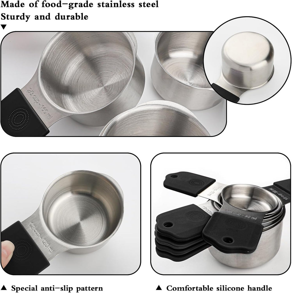 Juego de 16 tazas y cucharas medidoras magnéticas, juego de 7 tazas medidoras magnéticas de acero inoxidable y cucharas medidoras magnéticas con nivelador para ingredientes líquidos secos (7, negro)