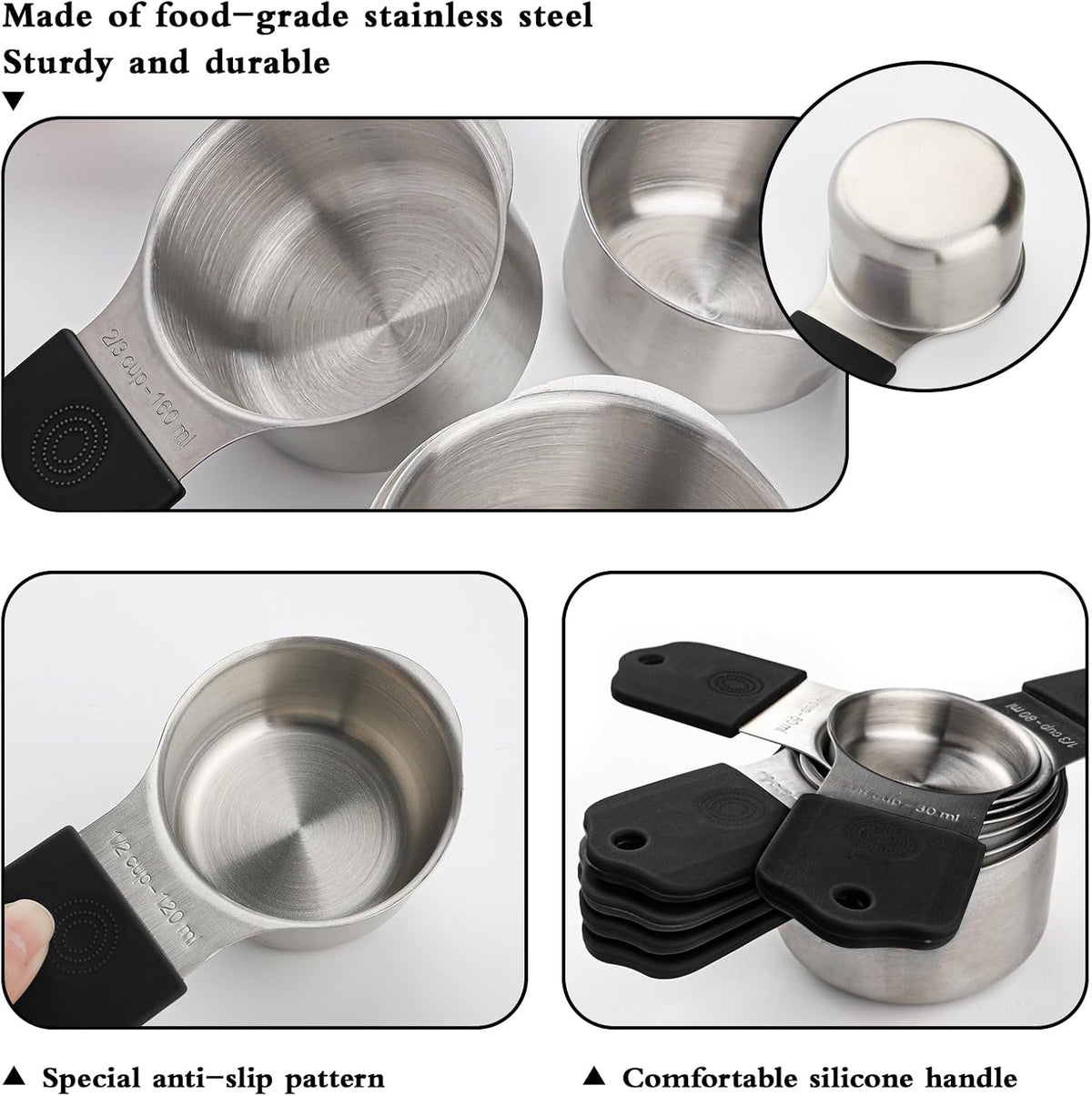 Juego de 16 tazas y cucharas medidoras magnéticas, juego de 7 tazas medidoras magnéticas de acero inoxidable y cucharas medidoras magnéticas con nivelador para ingredientes líquidos secos (7, negro)