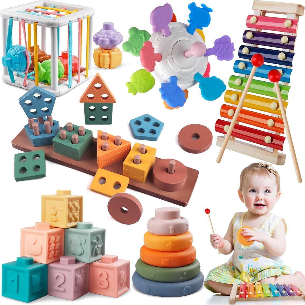 Juguetes Montessori para bebés pequeños, juego de apilamiento de madera 6 en 1