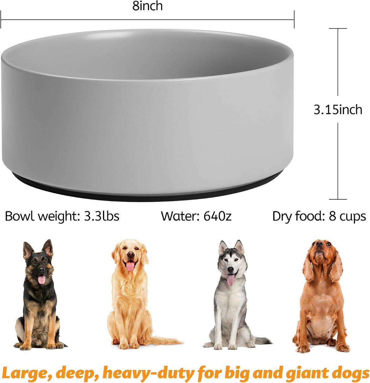Cuencos grandes para perros, cuenco de cerámica pesada antideslizante para alimentos y agua con base de silicona, cuenco de alimentación de mascotas de 8 pulgadas para perros pequeños