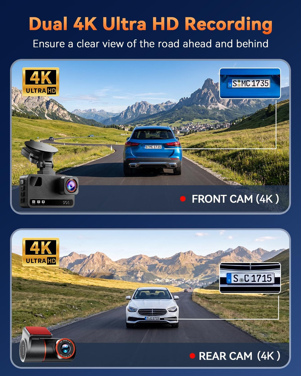 4K+4K Dash Cam Dual Frontal y Trasera, Tarjeta de 128GB gratis, Visión Nocturna Estelar