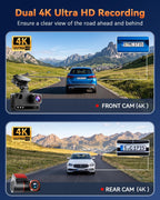4K+4K Dash Cam Dual Frontal y Trasera, Tarjeta de 128GB gratis, Visión Nocturna Estelar