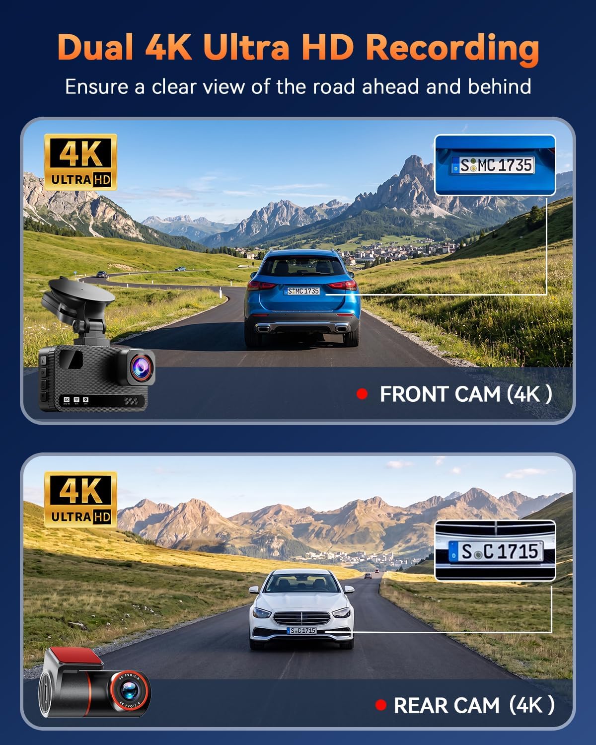 4K+4K Dash Cam Dual Frontal y Trasera, Tarjeta de 128GB gratis, Visión Nocturna Estelar