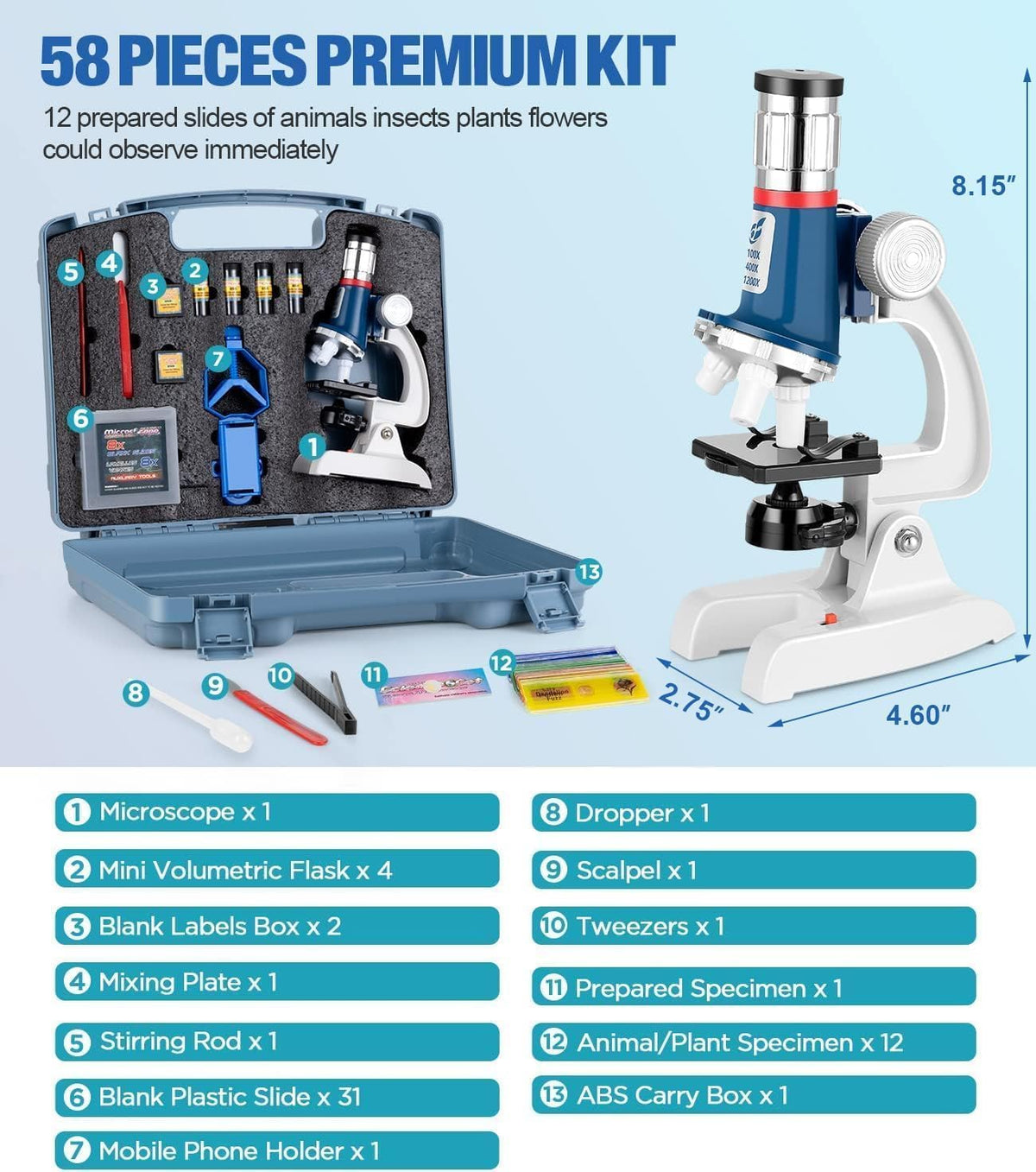 Kit de microscopio para niños de 58 piezas, aumento de 100X-1200X, cuerpo de metal, luz LED, caja de transporte, juguete de experimento científico para niños de 5 a 12 años